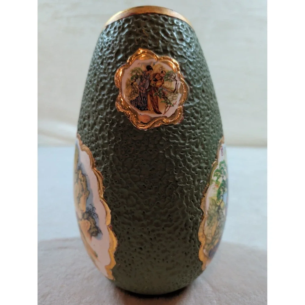 Vintage Japanese Satsuma Style Textured Green Lava Glaze‎ Gilt Porcelain Vase